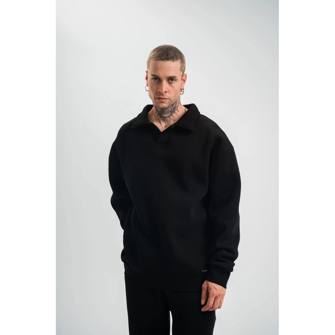 Unisex Double Oversize Patlı Yaka SweatShirt - Siyah