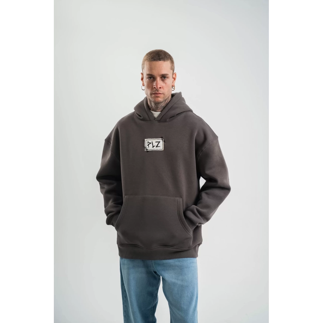 Unisex Kapşonlu Uzun Kol Patchli Nakışlı SweatShirt - Füme