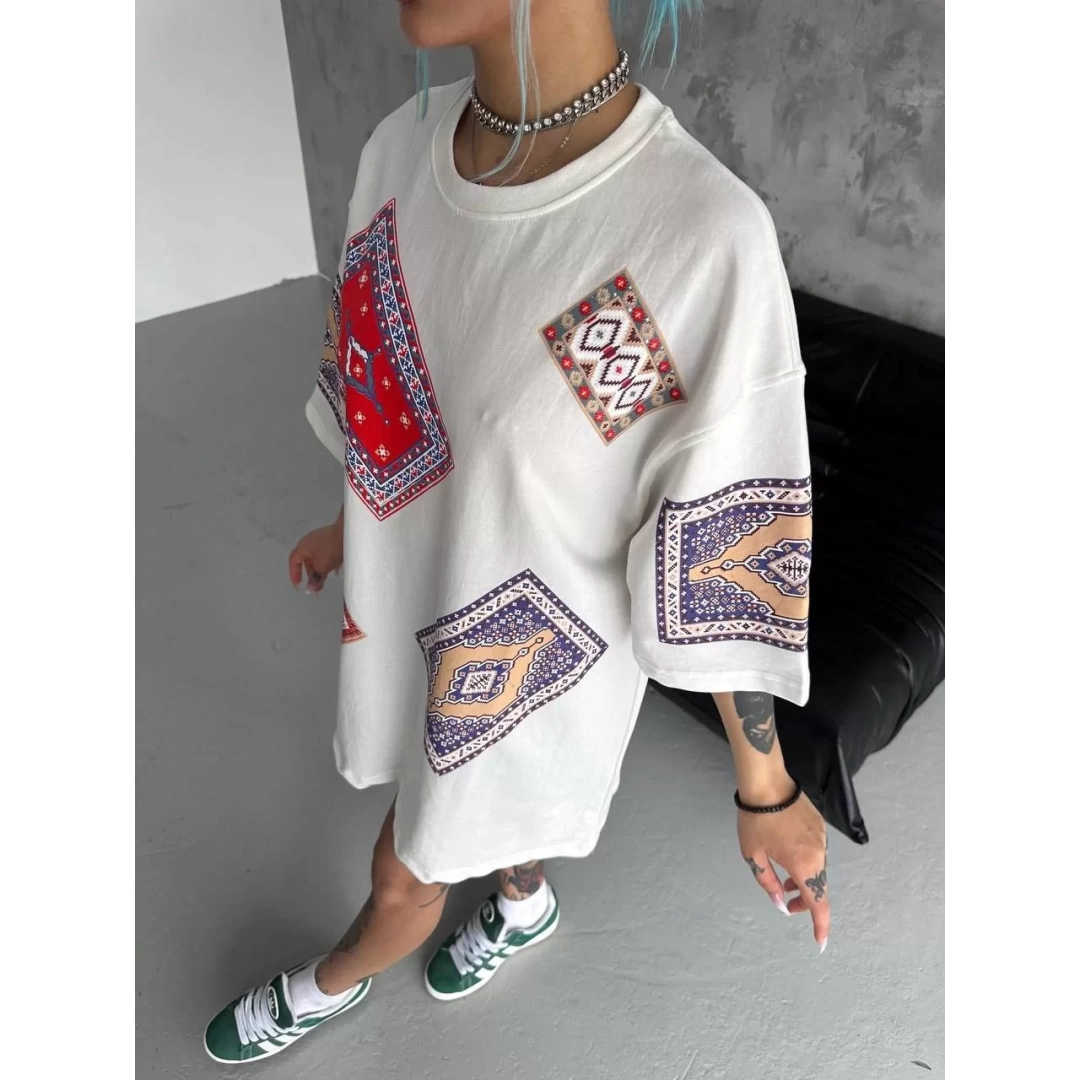 Unisex Kilim Desen Baskılı T-Shirt - Beyaz