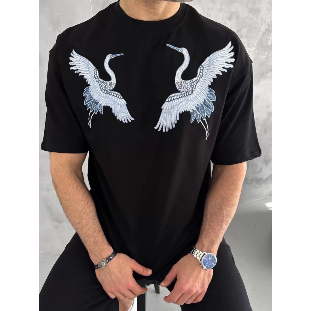 Unisex Nakış İşlemeli T-Shirt - Siyah