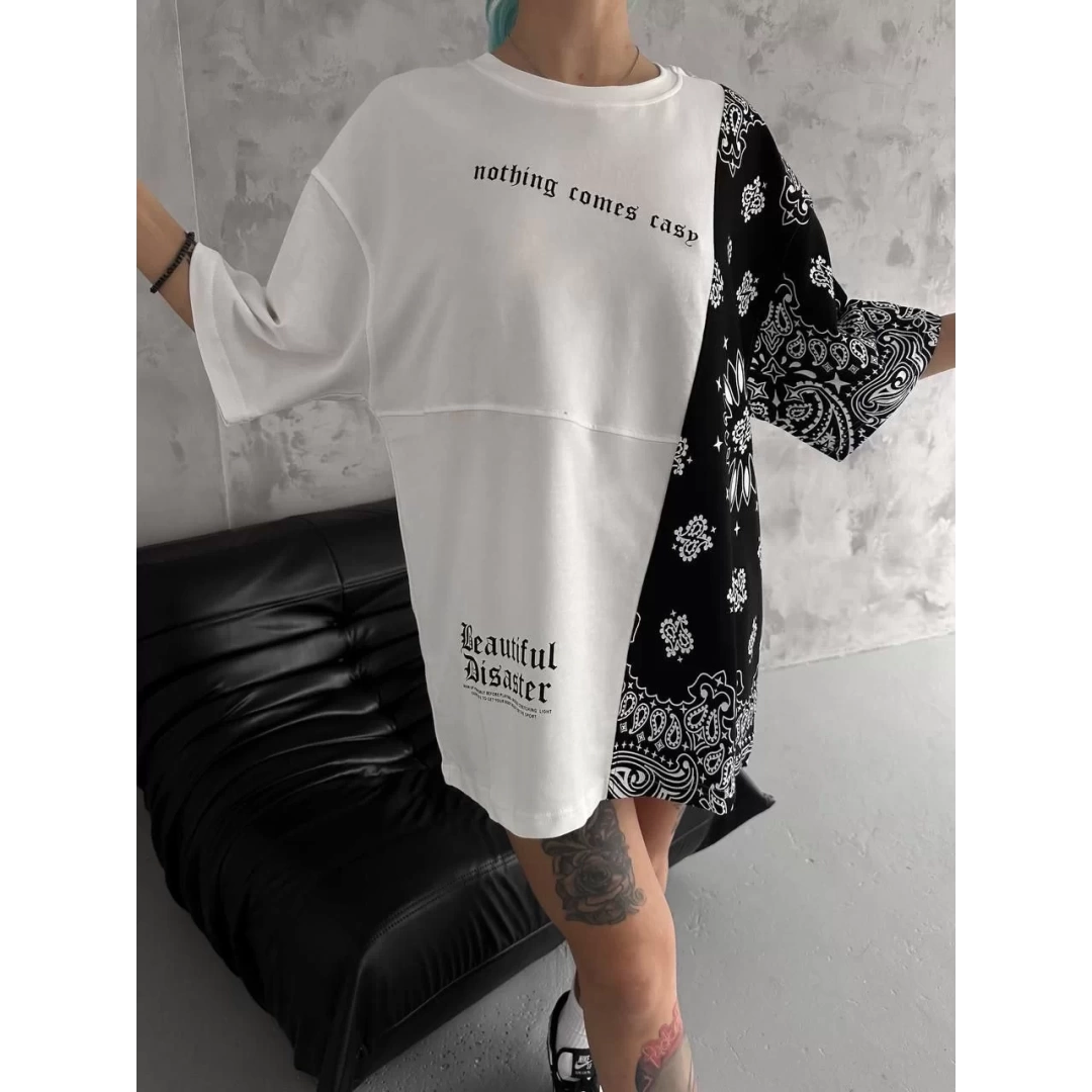 Unisex Parçalı ve Baskılı Oversize T-Shirt - Beyaz