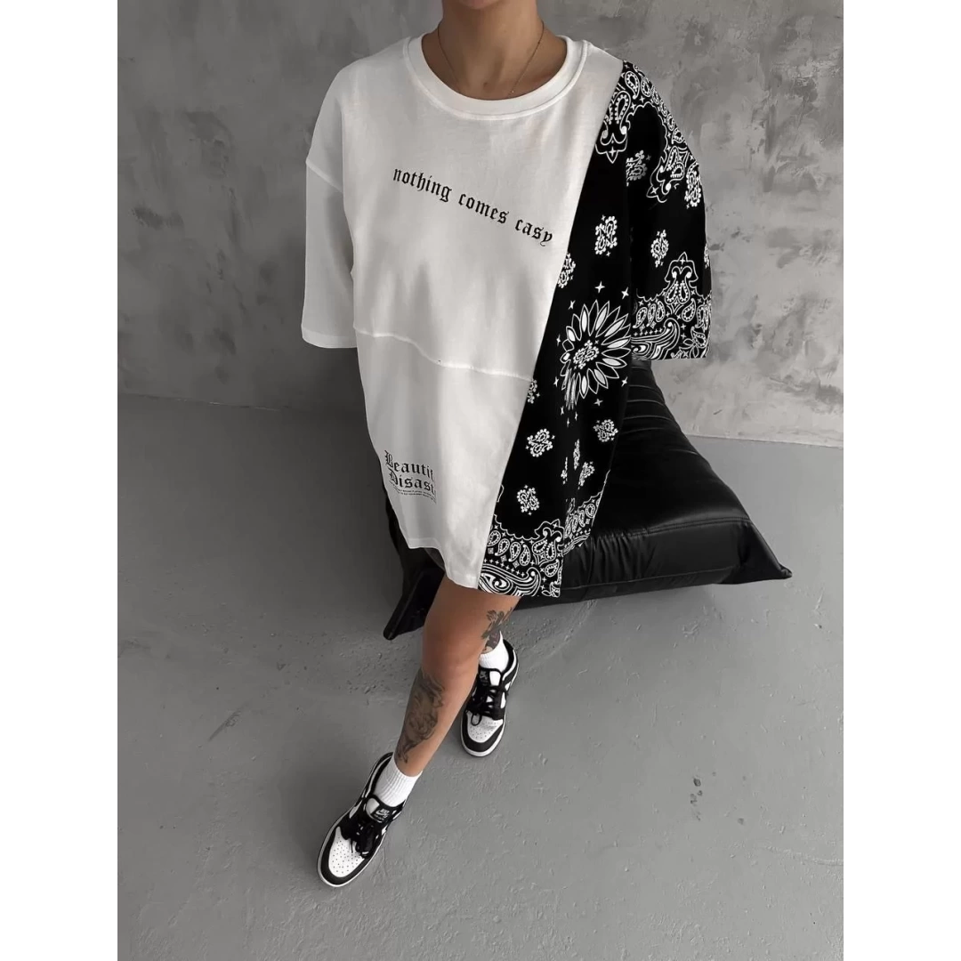 Unisex Parçalı ve Baskılı Oversize T-Shirt - Beyaz