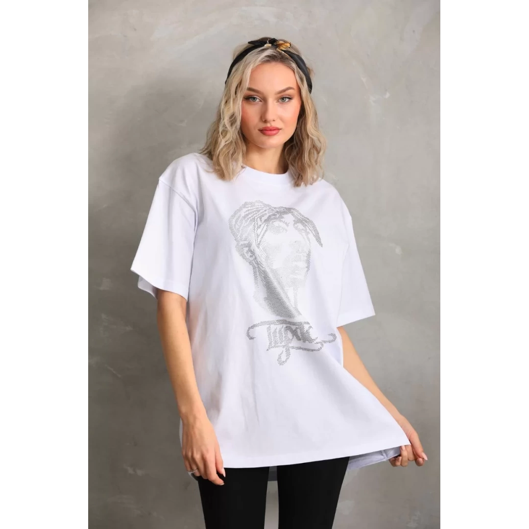 Unisex Taş Desenli Oversize T-Shirt - Beyaz