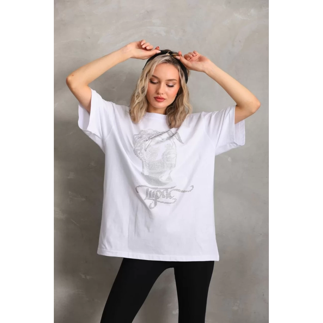 Unisex Taş Desenli Oversize T-Shirt - Beyaz