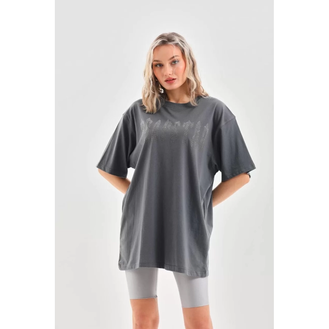 Unisex Taş Desenli Oversize T-Shirt - Füme