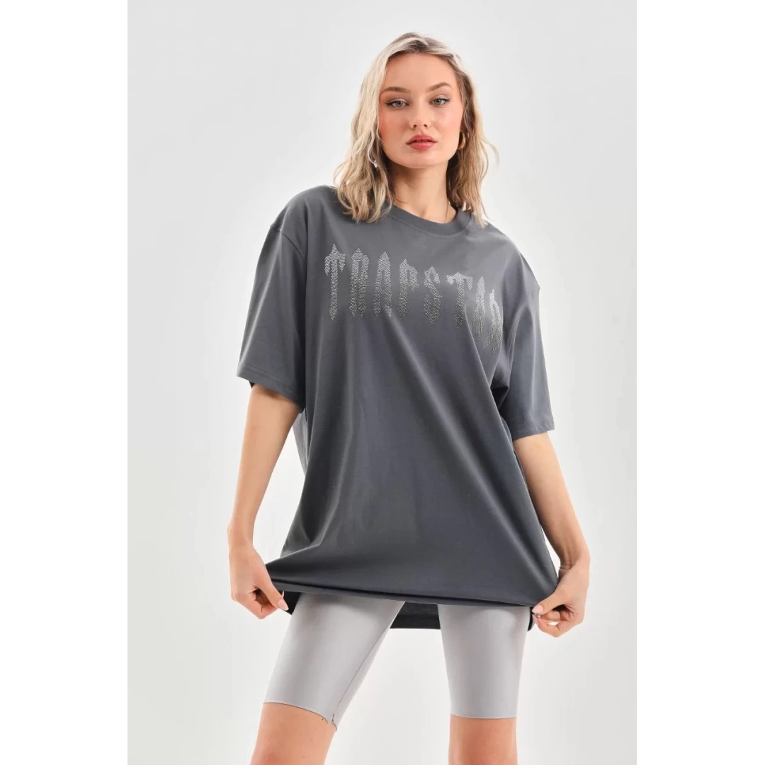 Unisex Taş Desenli Oversize T-Shirt - Füme