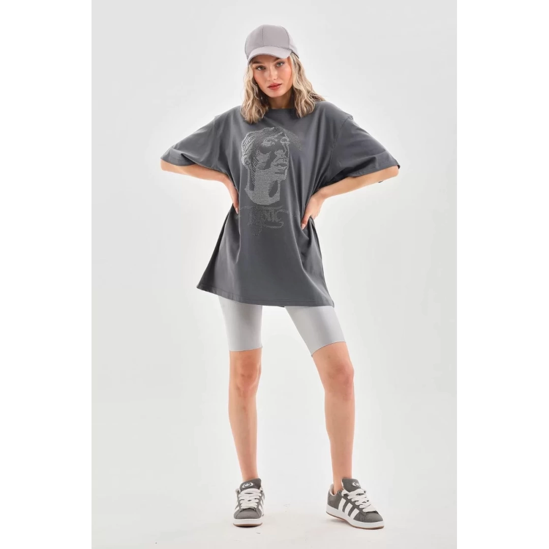 Unisex Taş Desenli Oversize T-Shirt - Füme