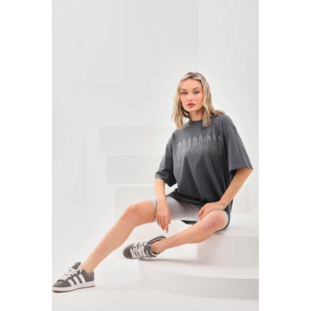 Unisex Taş Desenli Oversize T-Shirt - Füme