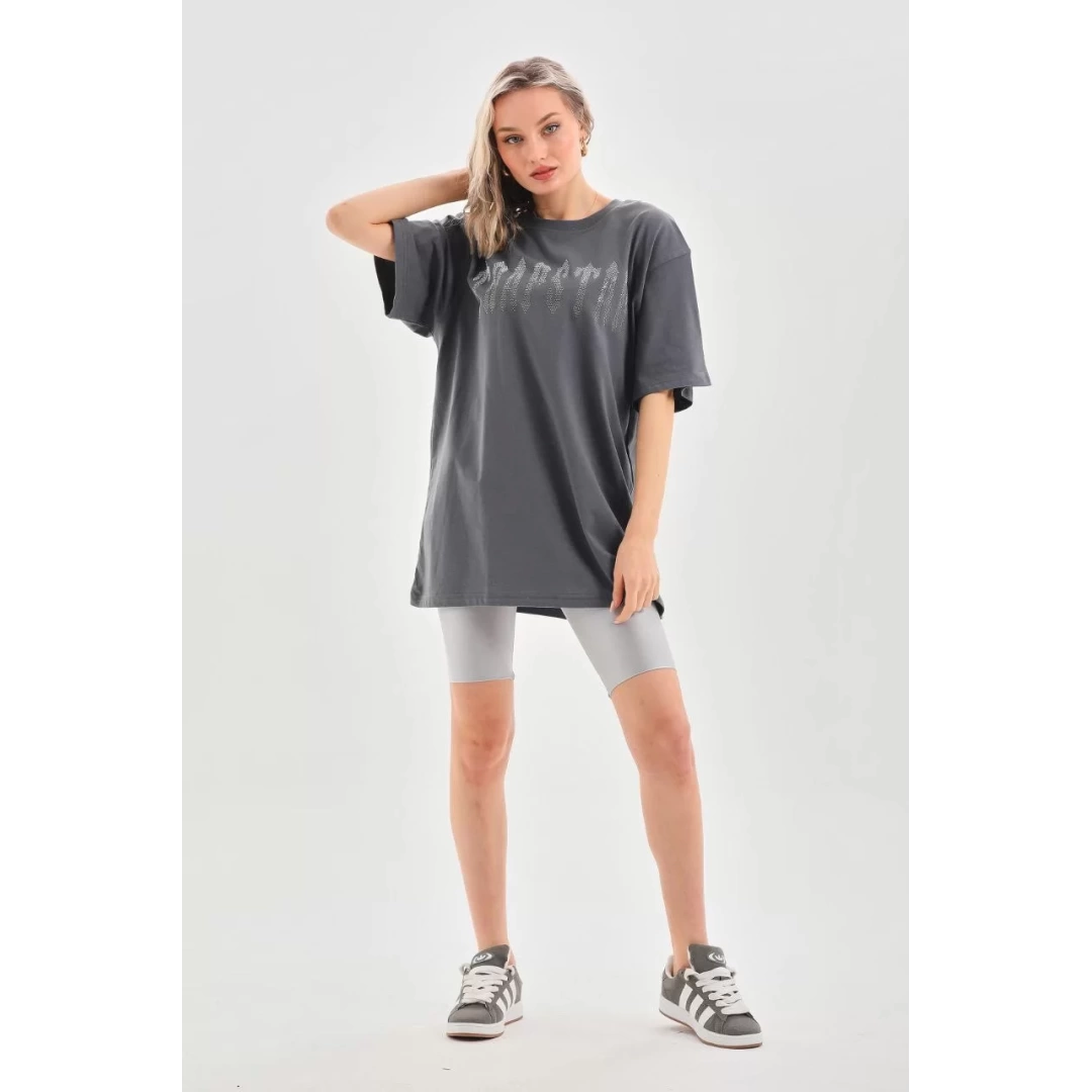 Unisex Taş Desenli Oversize T-Shirt - Füme