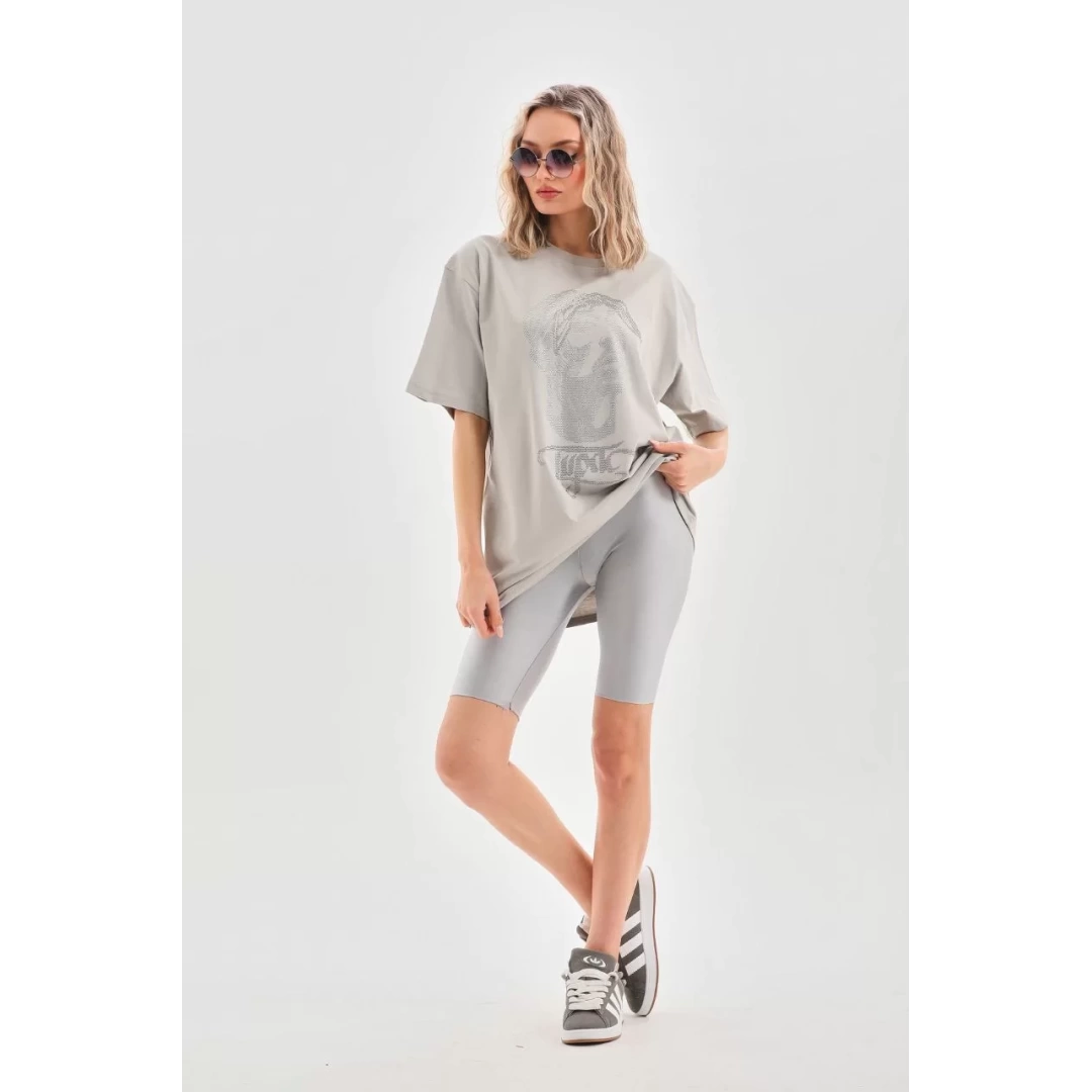 Unisex Taş Desenli Oversize T-Shirt - Gri