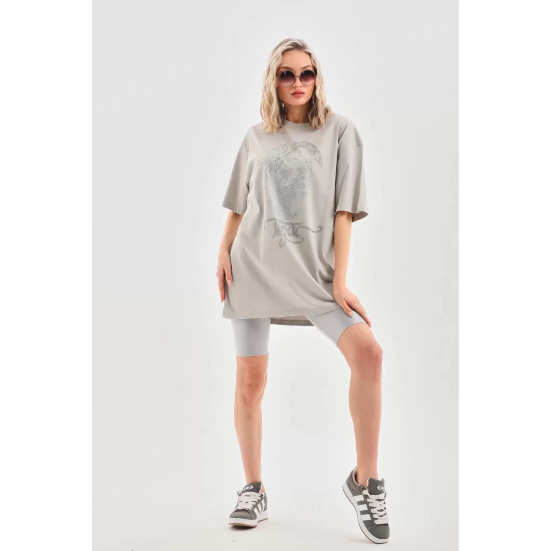 Unisex Taş Desenli Oversize T-Shirt - Gri