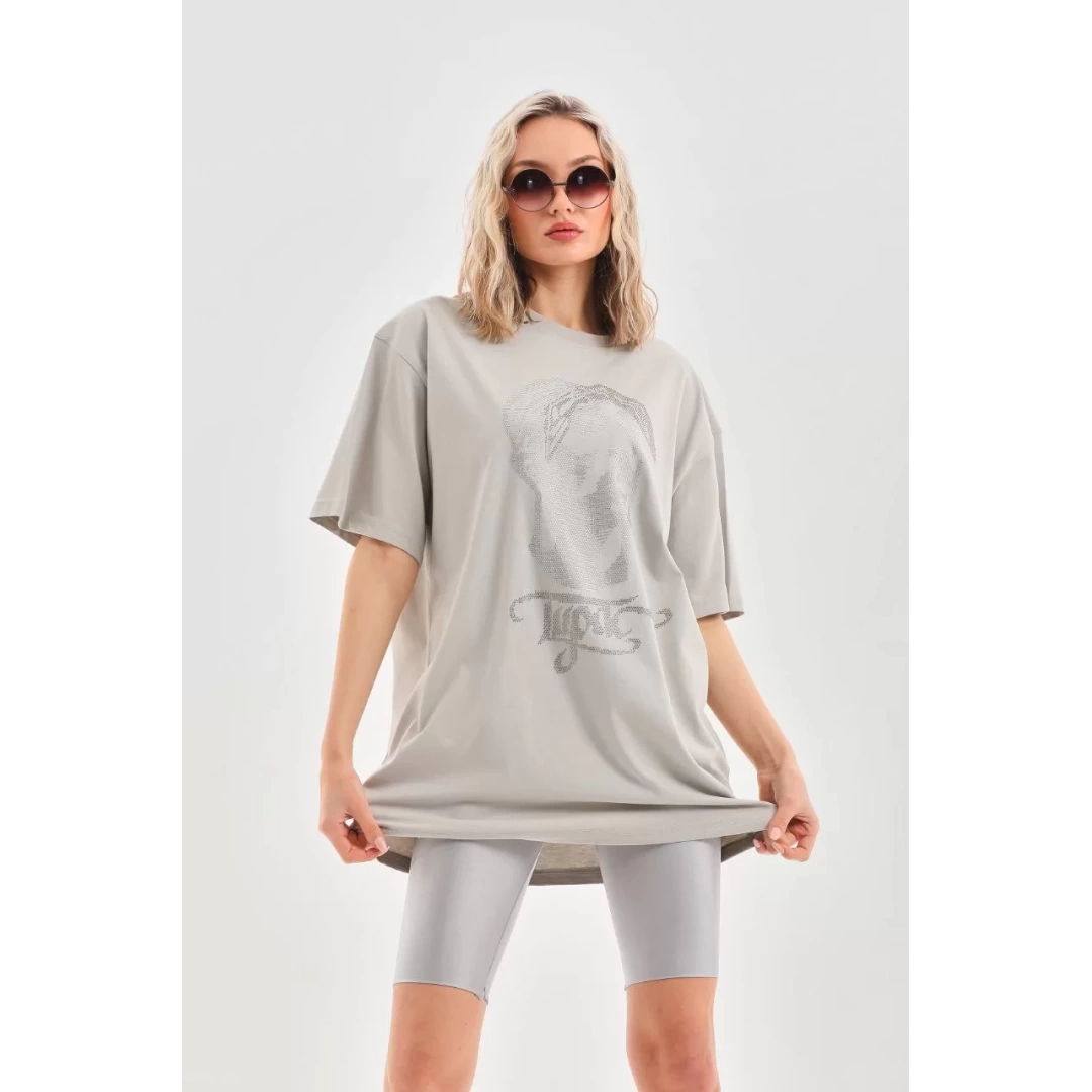 Unisex Taş Desenli Oversize T-Shirt - Gri