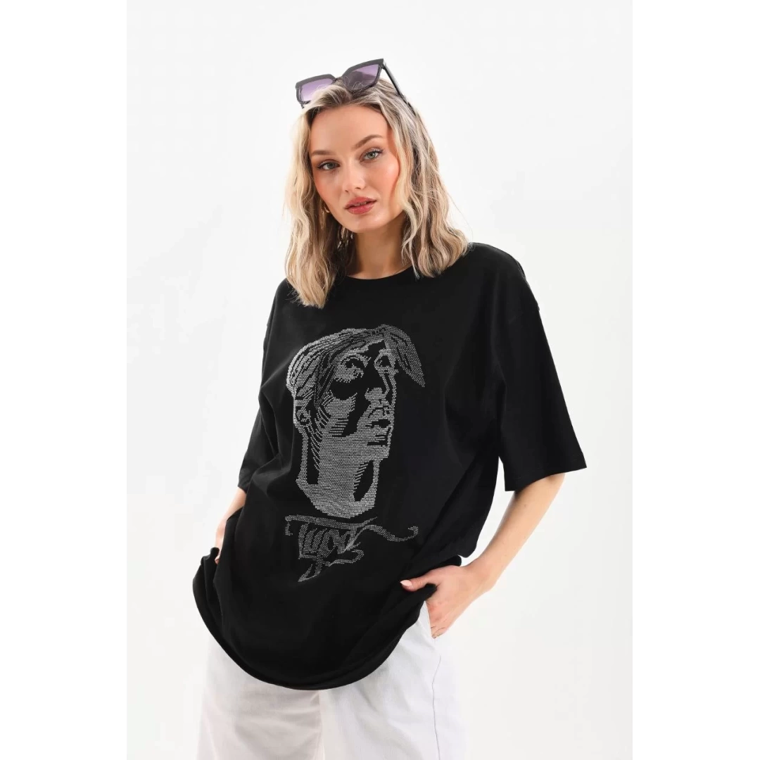 Unisex Taş Desenli Oversize T-Shirt - Siyah