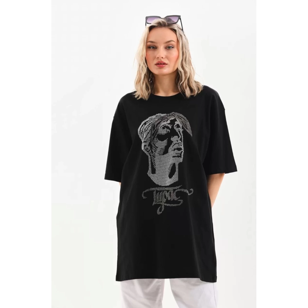 Unisex Taş Desenli Oversize T-Shirt - Siyah