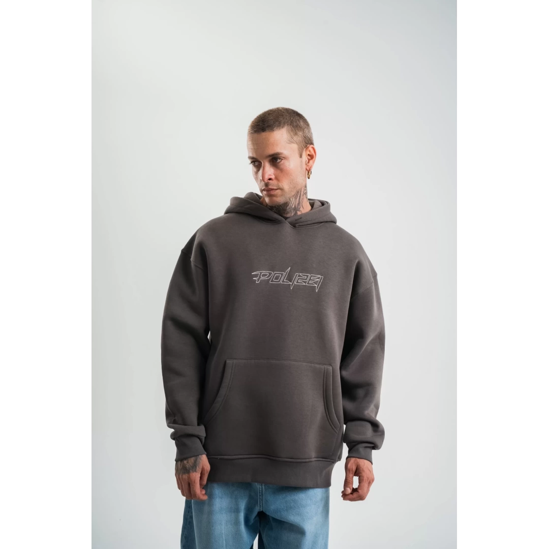 Unisex Üç İplik Kapşonlu Nakışlı SweatShirt - Füme