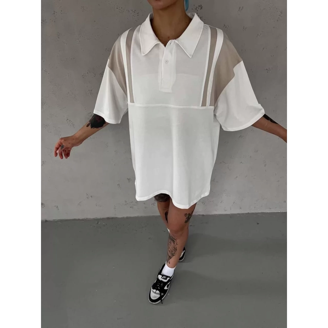 Unisex Yakası Düğmeli Parçalı Oversize T-Shirt - Beyaz