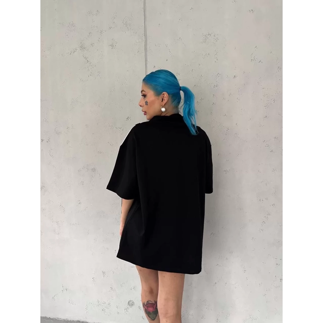 Unisex Yakası Düğmeli Parçalı Oversize T-Shirt - Siyah