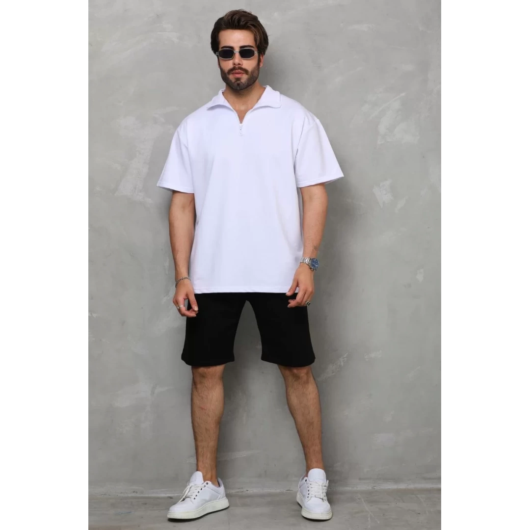 Unisex Yarım Fermuarlı Düz Oversize T-shirt - Beyaz