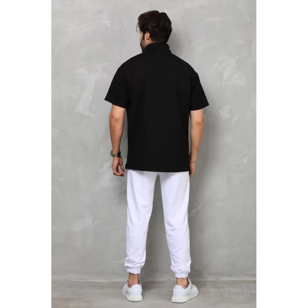 Unisex Yarım Fermuarlı Düz Oversize T-shirt - Siyah