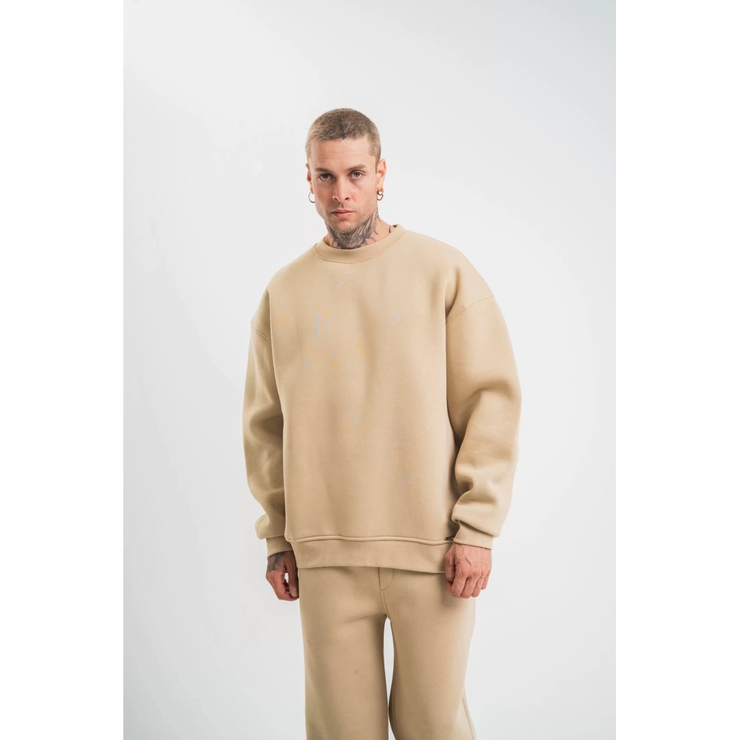 Uzun Kol Bisiklet Yaka Basic SweatShirt - Bej