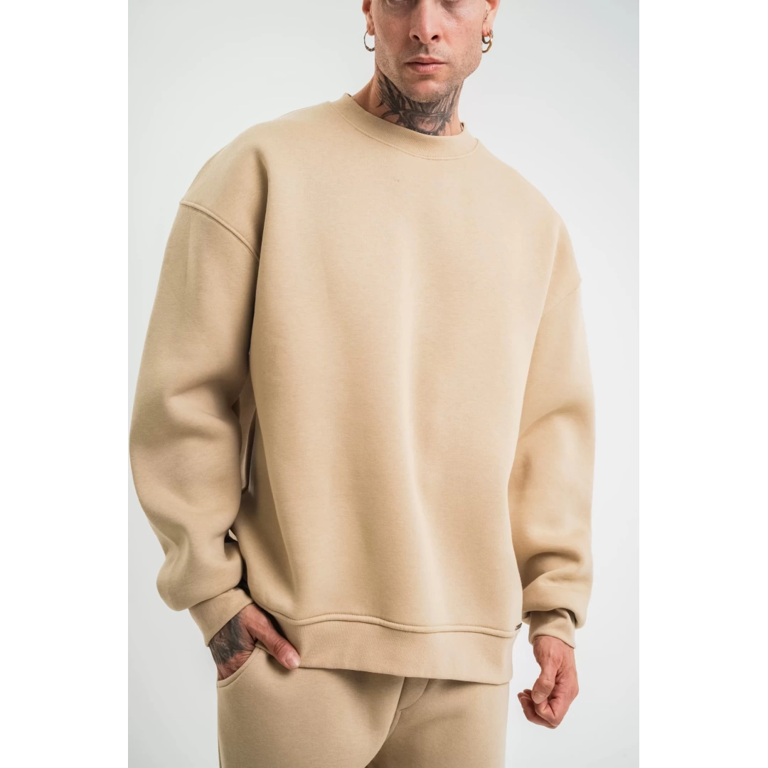 Uzun Kol Bisiklet Yaka Basic SweatShirt - Bej