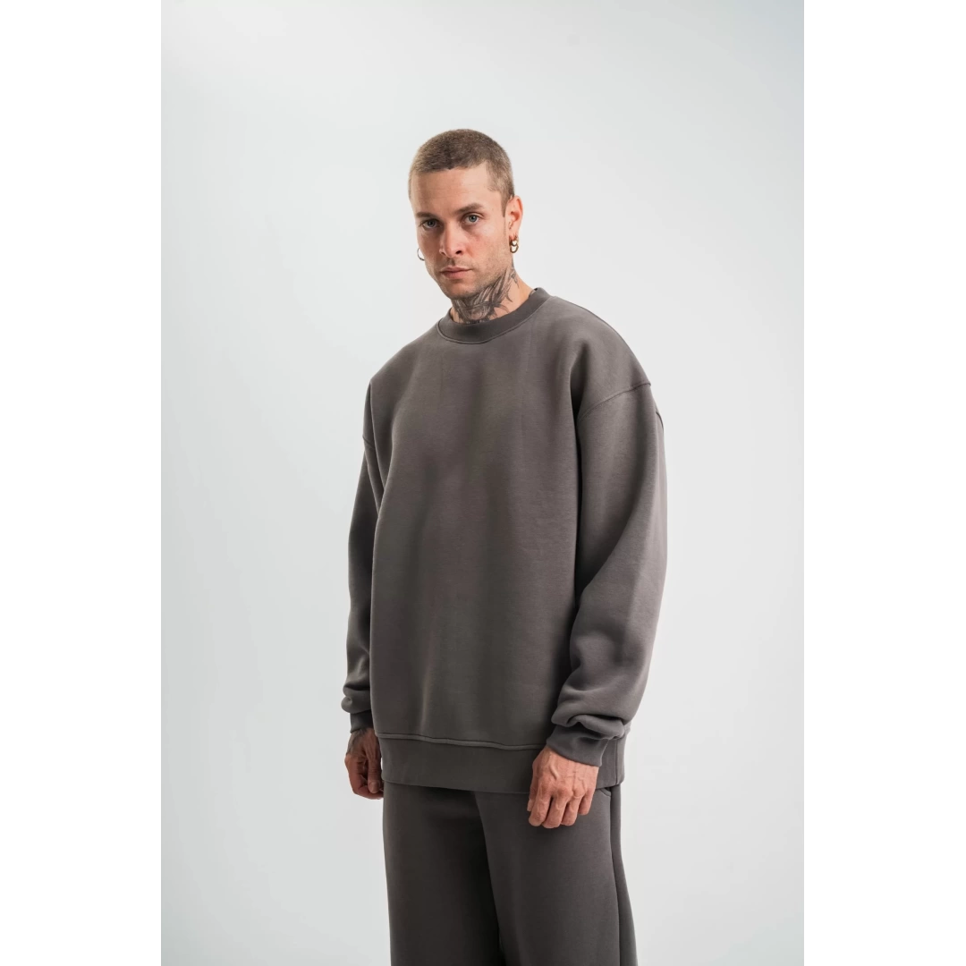 Uzun Kol Bisiklet Yaka Basic SweatShirt - Füme