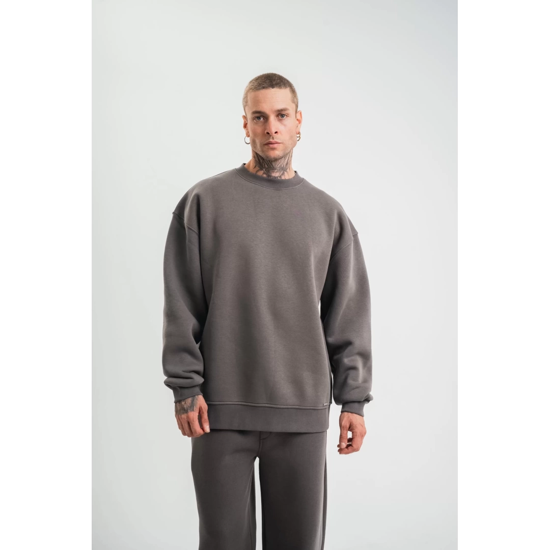 Uzun Kol Bisiklet Yaka Basic SweatShirt - Füme