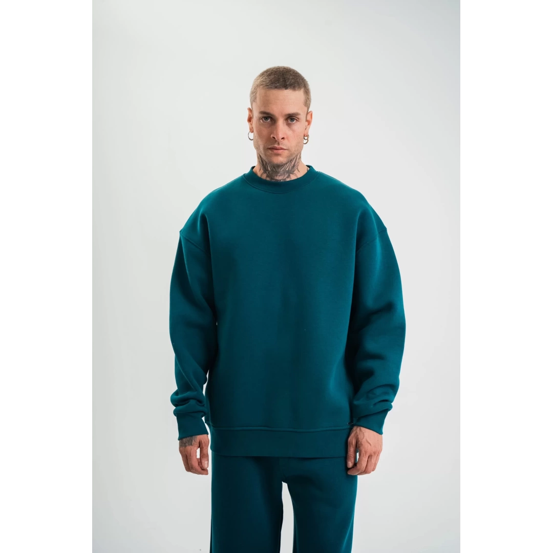 Uzun Kol Bisiklet Yaka Basic SweatShirt - Koyu Deniz Yeşili