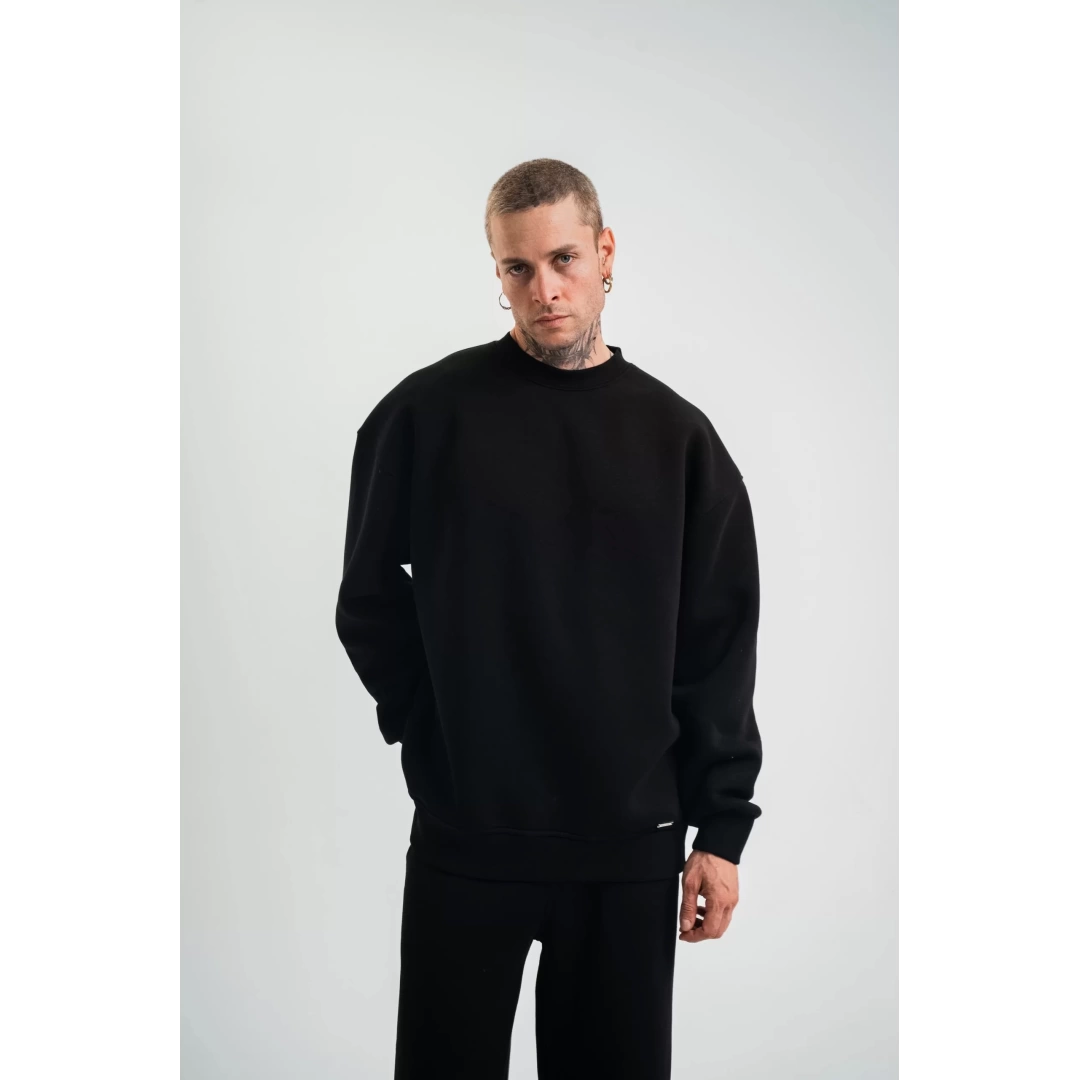 Uzun Kol Bisiklet Yaka Basic SweatShirt - Siyah