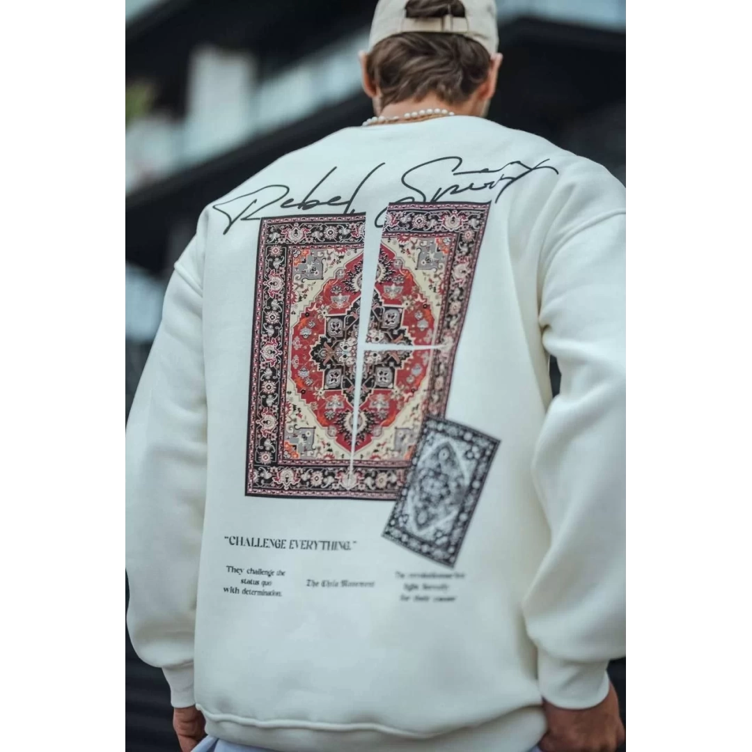 Uzun Kol Bisiklet Yaka Baskılı SweatShirt - Beyaz