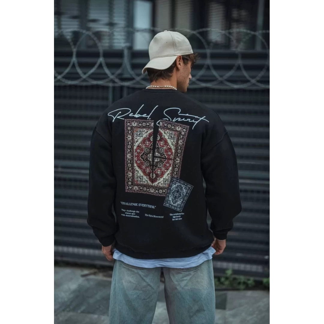 Uzun Kol Bisiklet Yaka Baskılı SweatShirt - Siyah