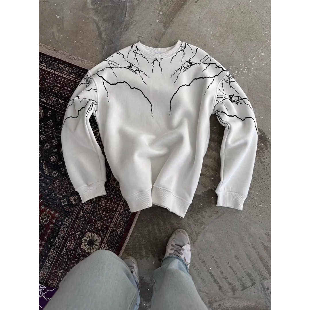 Yıldırım Baskılı Bisiklet Yaka SweatShirt - Beyaz