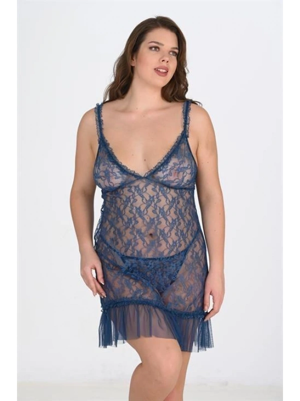 Büyük Beden Petrol Mavisi Dantel İşlemeli Tül Gecelik