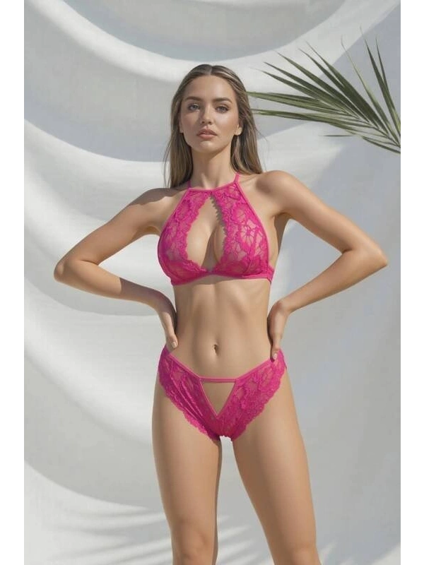 Kadın Pembe Dantel Göğüs Dekolteli Bralet Takım