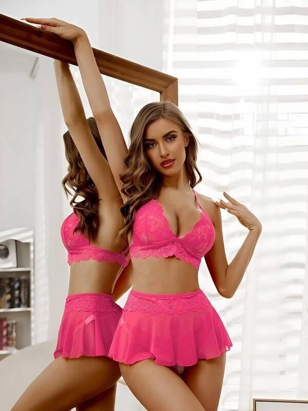 Kadın Pembe Dantel ve Tül Detaylı Bralet Takımı