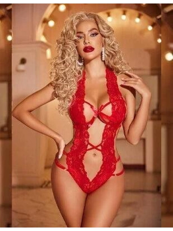 Kırmızı Dantelli Derin Dekolteli Babydoll