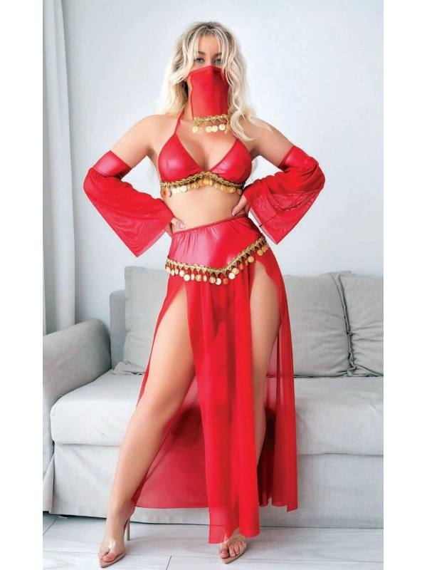 Kırmızı Peçeli Seksi Dansöz Kostümü