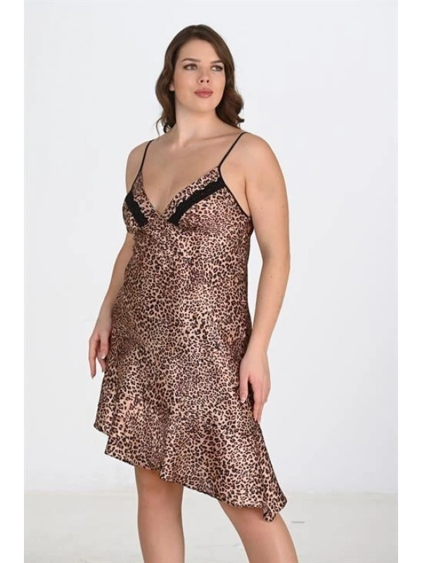 Premium Büyük Beden Saten Leopar Gecelik Bigsize