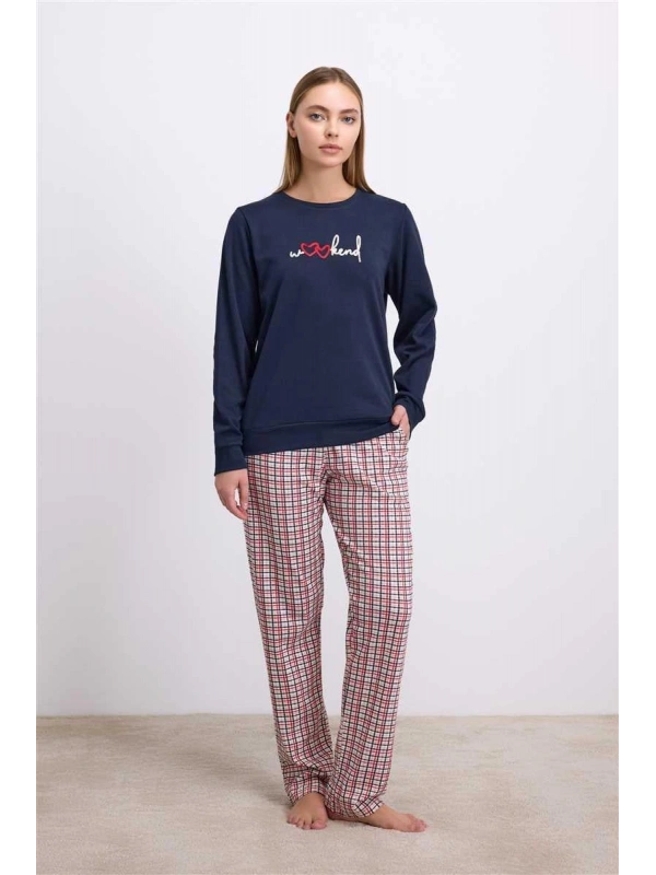 Seraviax %100 Pamuklu Uzun Kol Sweatshirt ve Ekose Pantolon Pijama Takımı