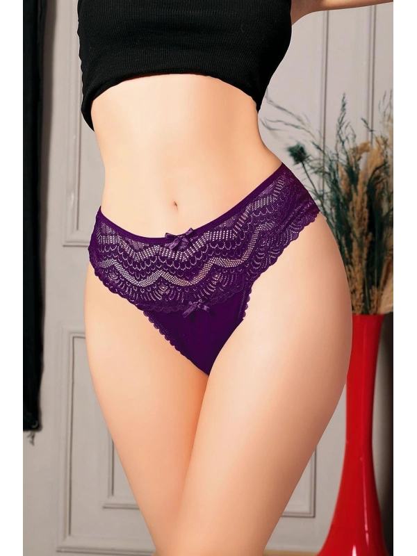 Seraviax Büyük Beden Bel Kısmı Dantelli Fantezi Mor Tanga String