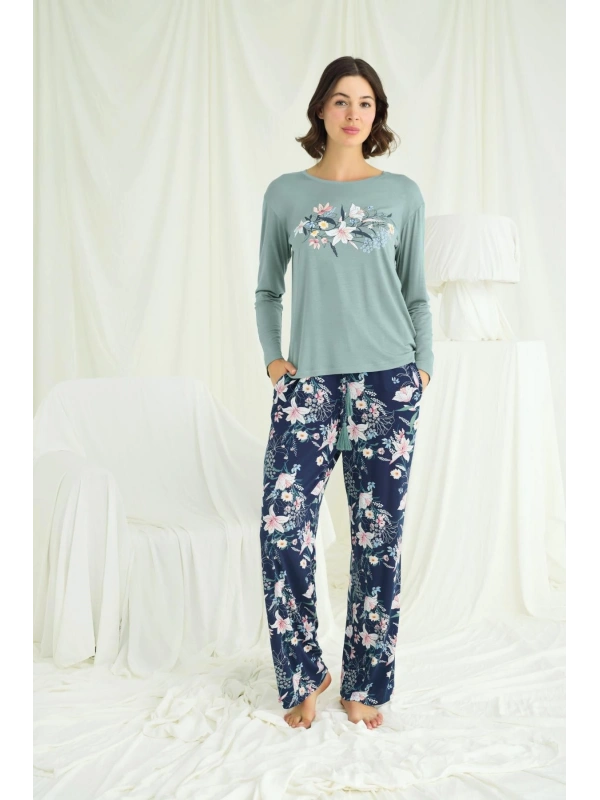 Seraviax Çiçek ve Yaprak Desenli Baskılı Pijama Takımı