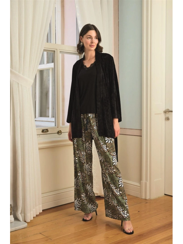 Seraviax Çiçek Yaprak ve Etnik Desenli Dantelli 3lü Pijama Takımı