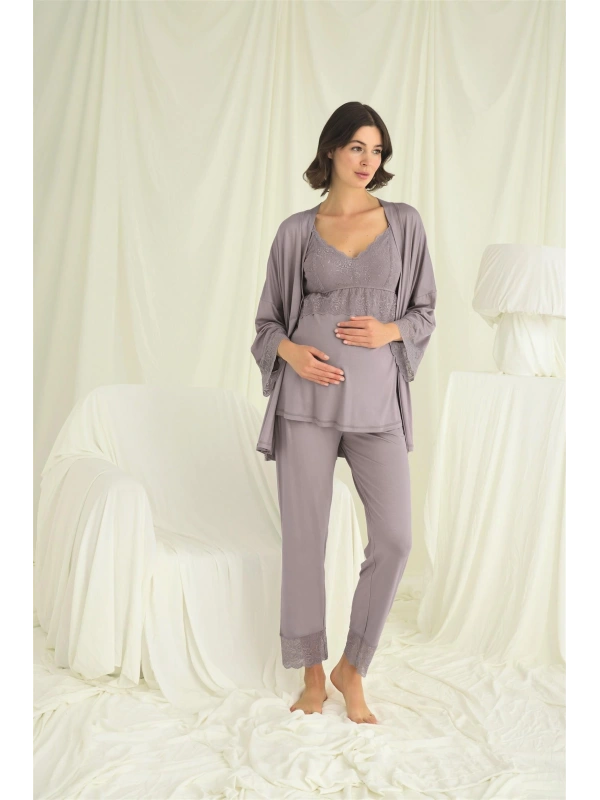 Seraviax Dantelli Hamile Lohusa 3lü Pijama Takımı