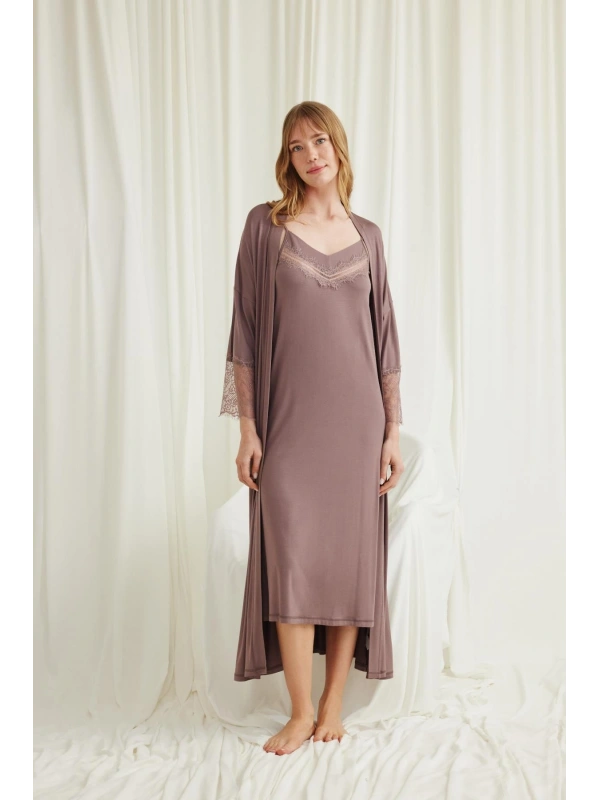 Seraviax Dekolteli Yakası ve Kolu Dantelli Sabahlık Takımı
