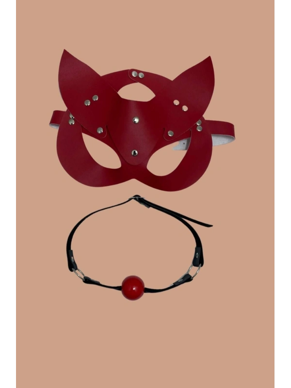 Seraviax Kırmızı Deri Maske ve Ağız Topu Harness Aksesuar