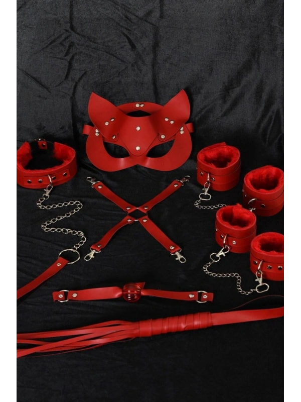 Seraviax Kırmızı İçi Tüylü Maske,Kol,Bacak,Ağız Topu,Kırbaç,Tasma Harness Set