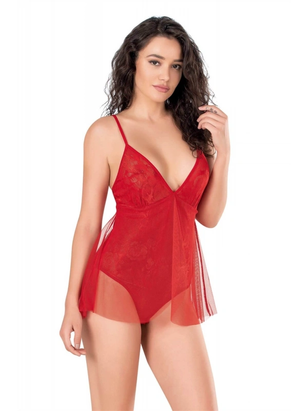 Seraviax Kırmızı Jakarlı Bodysuit Gecelik