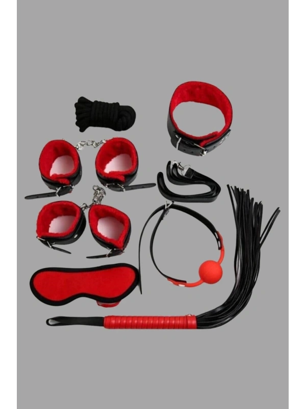Seraviax Kırmızı/Siyah İçi Tüylü Deri 7li Harness Set
