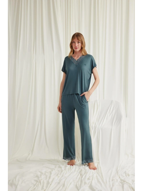 Seraviax Kısa Kollu V Yakalı Dantelli Pijama Takımı