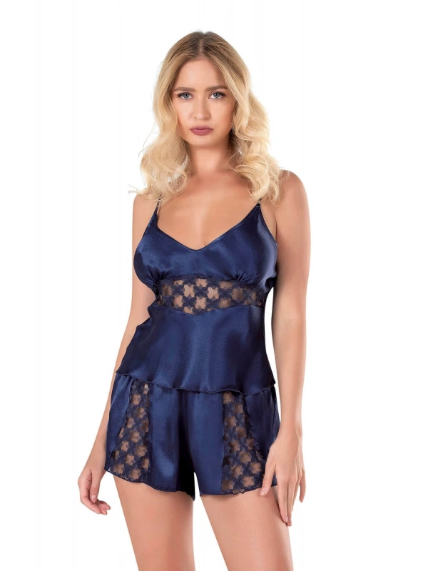 Seraviax Lacivert Saten Babydoll Şort Takımı